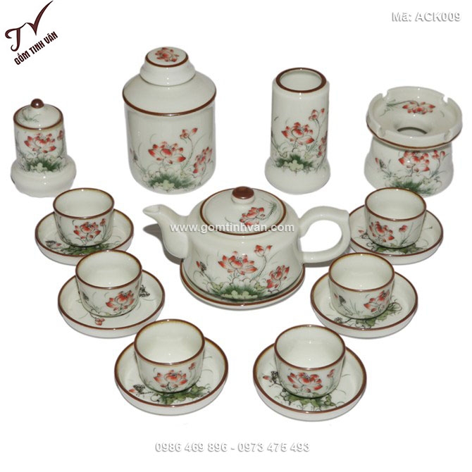 Bộ ấm chén hướng thiện vẽ hoa sen đủ phụ kiện - ACK009
