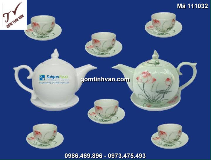 Ấm chén trắng vẽ sen gốm sứ bát tràng - 111032