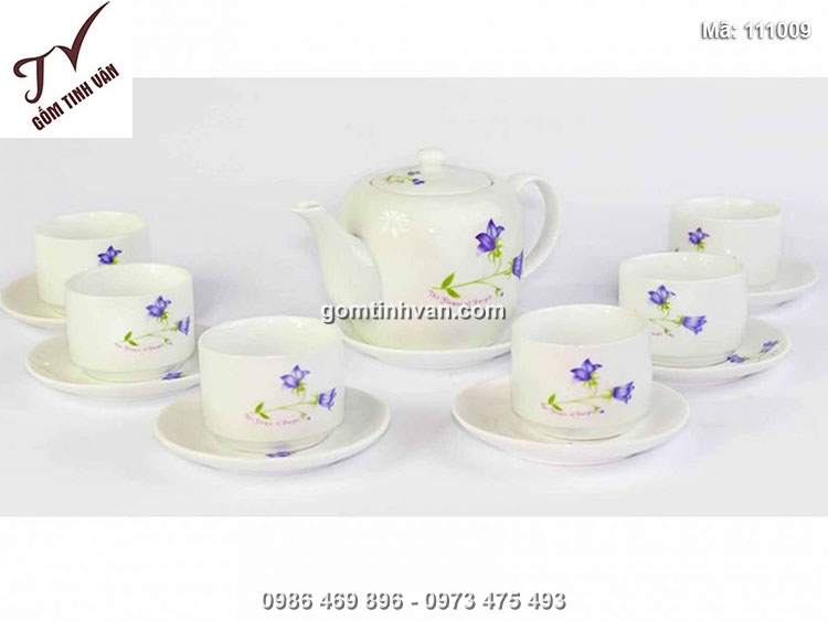 Ấm chén men trắng vẽ hoa tím - 111009