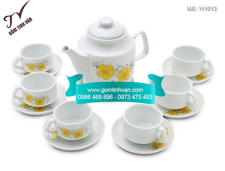 Ấm chén men trắng vẽ hoa mai - 111013