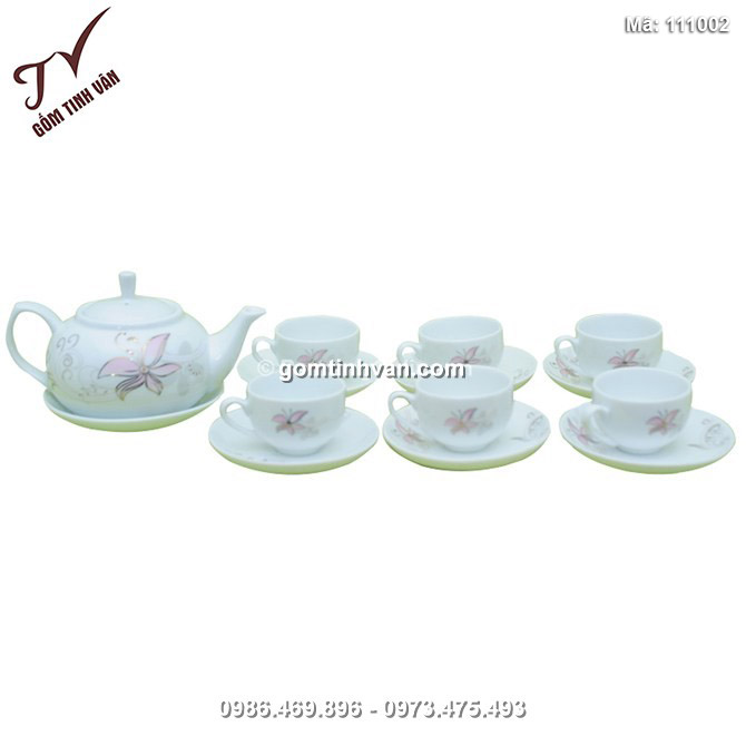 Ấm chén trắng dáng bẹt - vẽ hoa tóc tiên - 111002