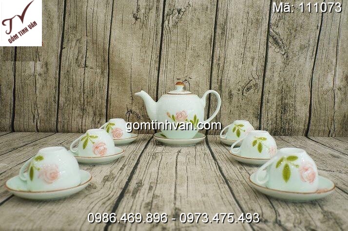 Ấm chén trắng vẽ hoa hồng gốm sứ bát tràng - 111073