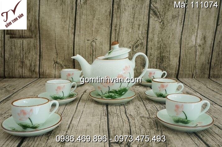 Ấm chén trắng vẽ hoa sen gốm sứ bát tràng - 111074