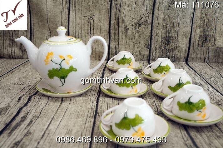 Ấm chén trắng vẽ sen gốm sứ bát tràng - 111076