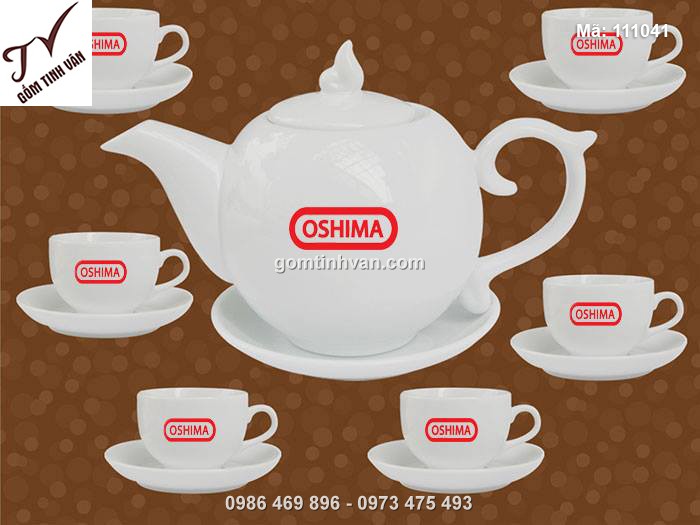 Bộ ấm chén trắng in logo - 111041