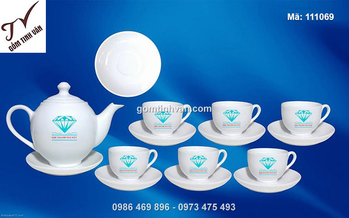 Bộ ấm chén trắng dáng bưởi in logo - 111069