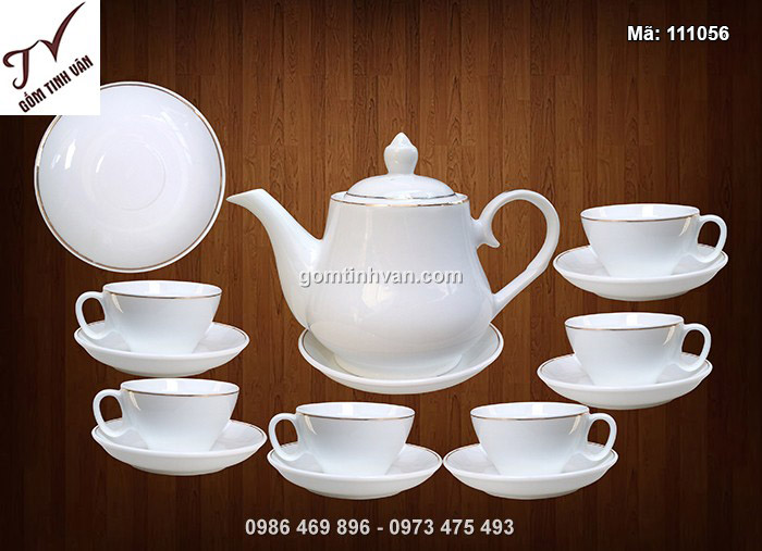 Bộ ấm chén trắng dáng vát chỉ vàng - 111056
