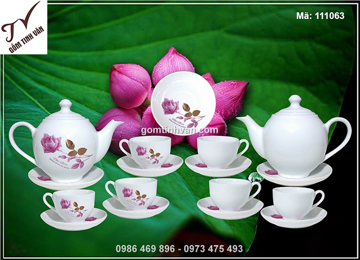 Bộ ấm chén trắng dáng bưởi vẽ hoa hồng - 111063