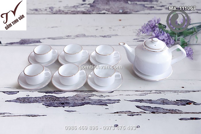 Bộ ấm chén trắng dáng vuông chỉ vàng - 111067