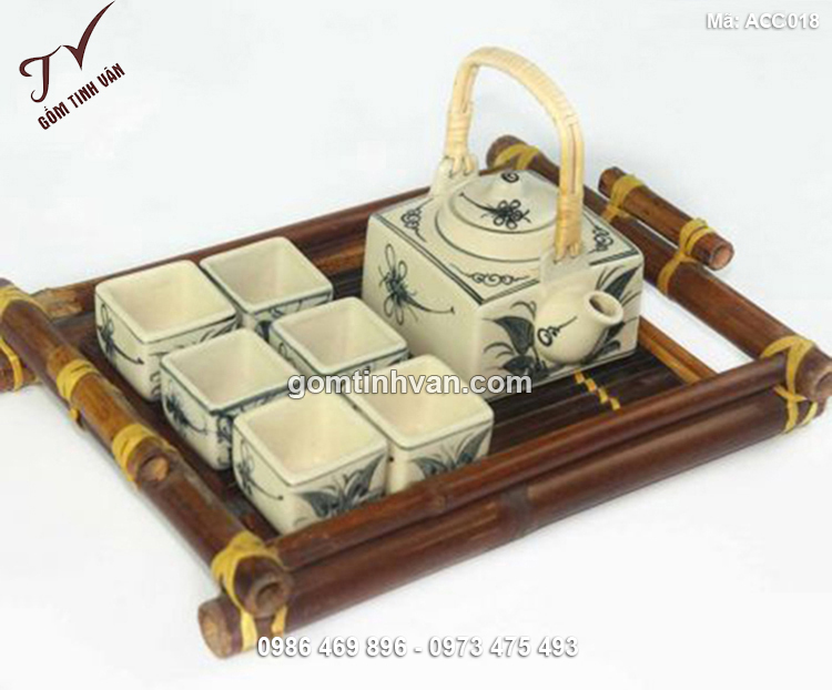 Bộ ấm chén vuông quai mây vẽ chuồn chuồn - ACC018