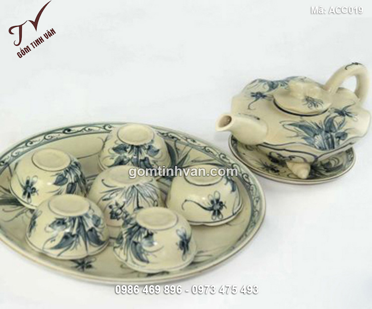 Bộ ấm chén dáng sen vẽ chuồn chuồn - ACC019