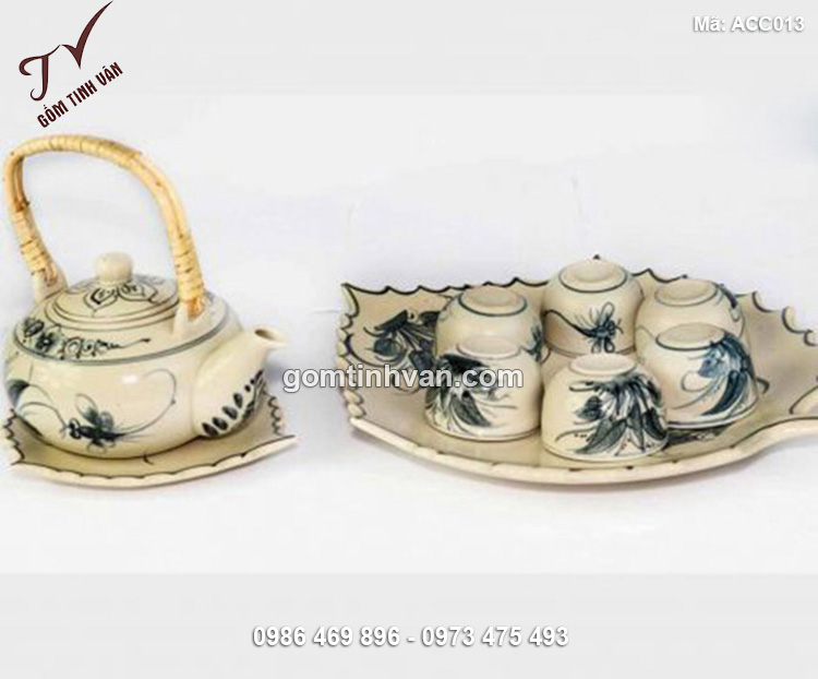 Bộ ấm chén khay lá quai mây vẽ chuồn chuồn - ACC013