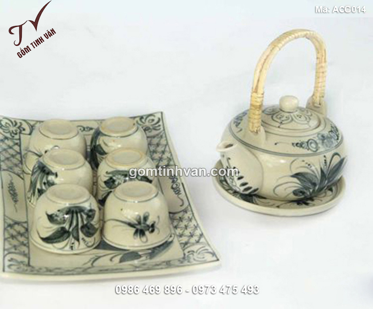 Bộ ấm chén khay chữ nhật quai mây vẽ chuồn chuồn - ACC014