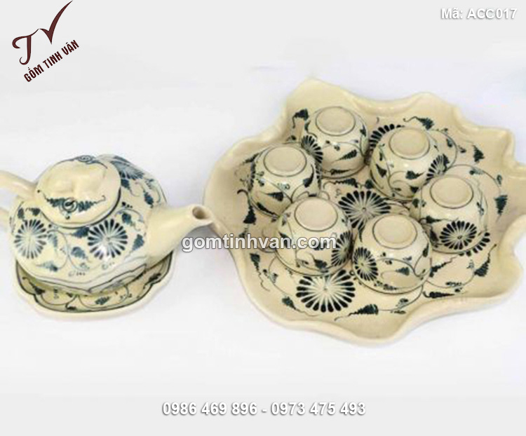 Bộ ấm chén khóa ếch khay lá sen vẽ hoa cúc - ACC017
