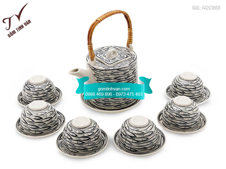 Bộ ấm chén miệng vuông quai mây vẽ cá - ACC003