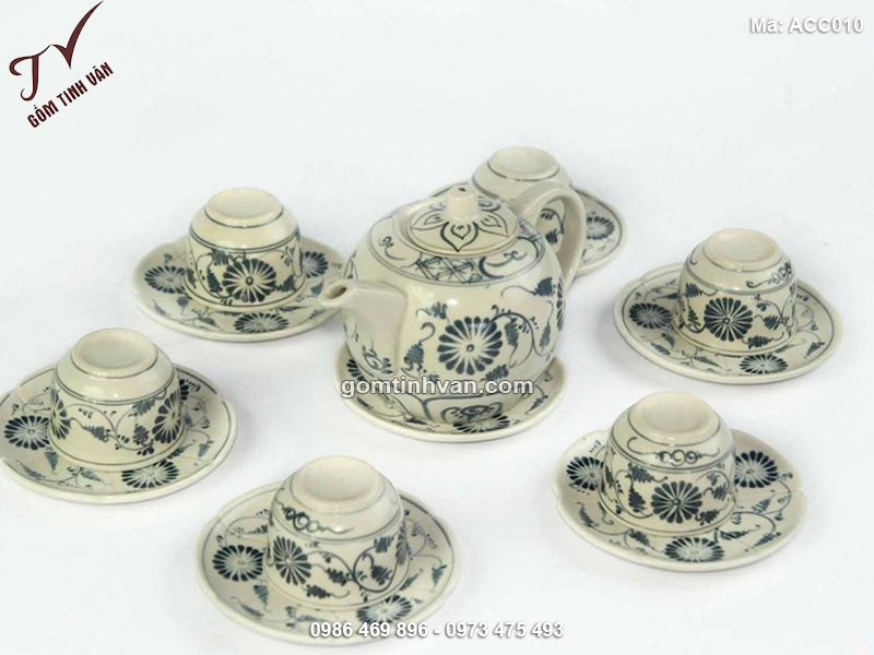 Bộ ấm chén khay tròn vẽ hoa cúc - ACC010