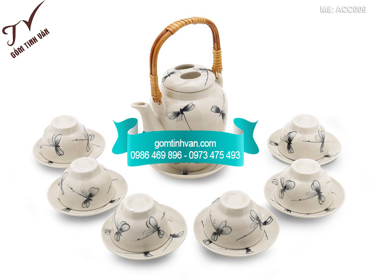 Bộ ấm chén dáng xoài vẽ chuồn chuồn - ACC009