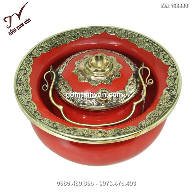 Điếu bát bọc đồng hàng kỹ - men đỏ - đường kính 20 cm - 130006