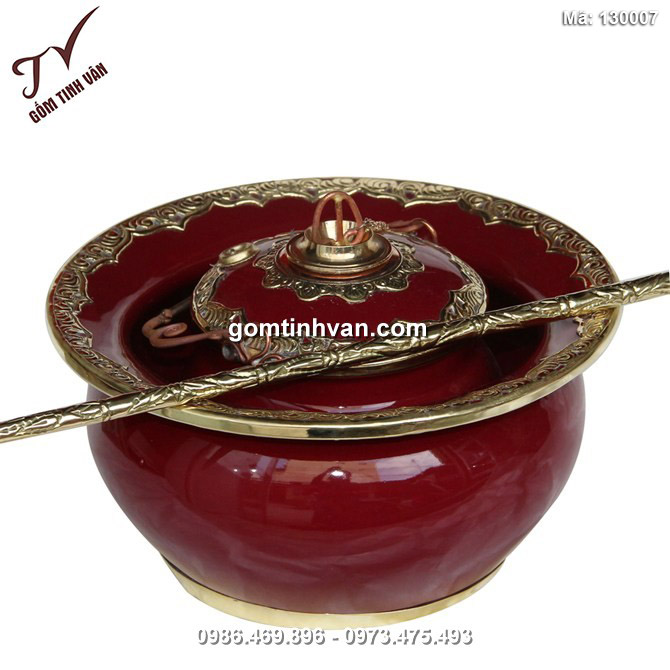 Điếu bát bọc đồng hàng kỹ - men nâu - đường kính 20 cm - 130007