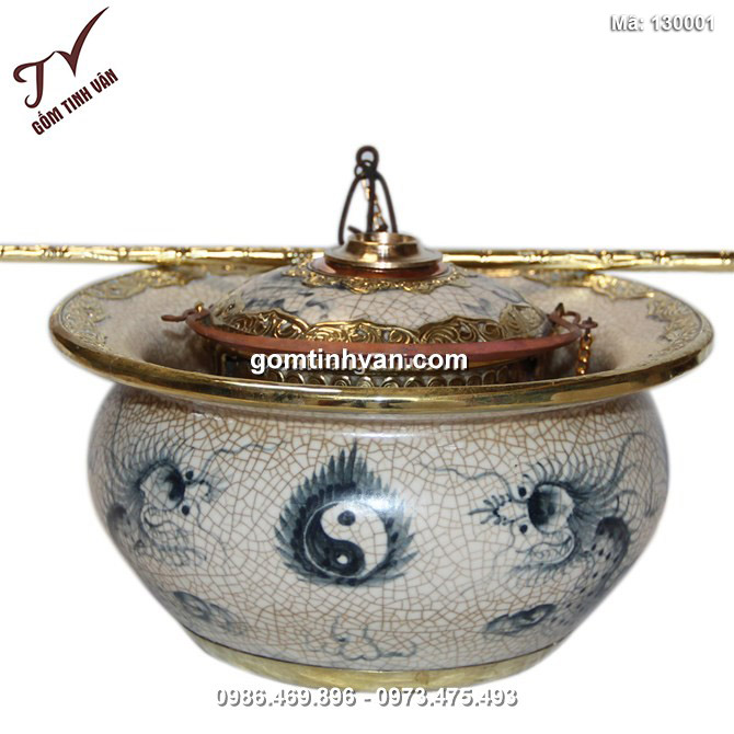 Điếu bát bọc đồng hàng kỹ vẽ tay - Lưỡng long tranh châu - đường kính 20 cm - 130001