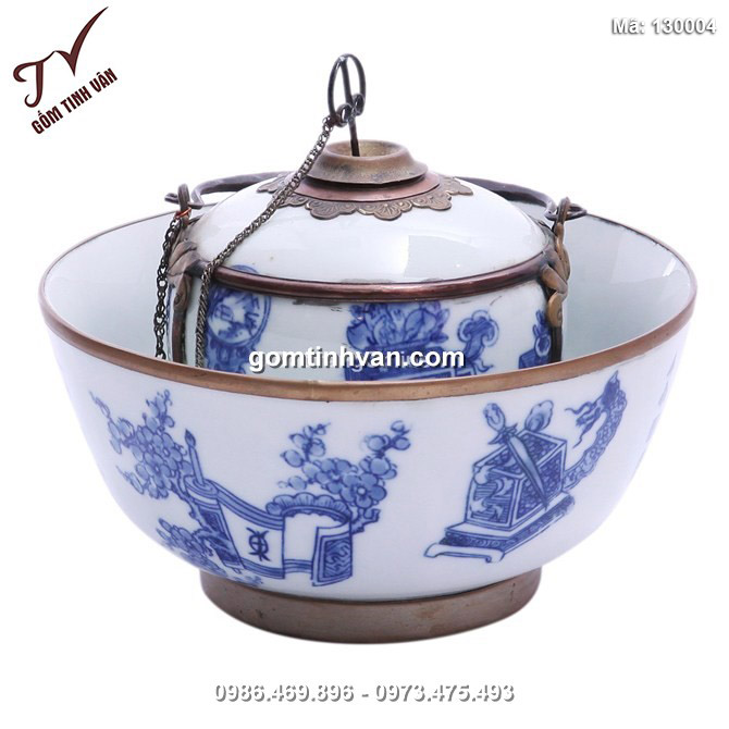 Điếu bát bọc đồng - men lam cổ - đường kính 20 cm  - 130004