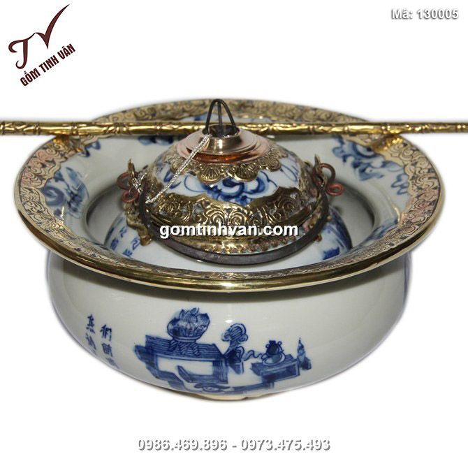 Điếu bát bọc đồng - vẽ cổ đồ - men lam cổ - dáng thắt - đường kính 20 cm - 130005