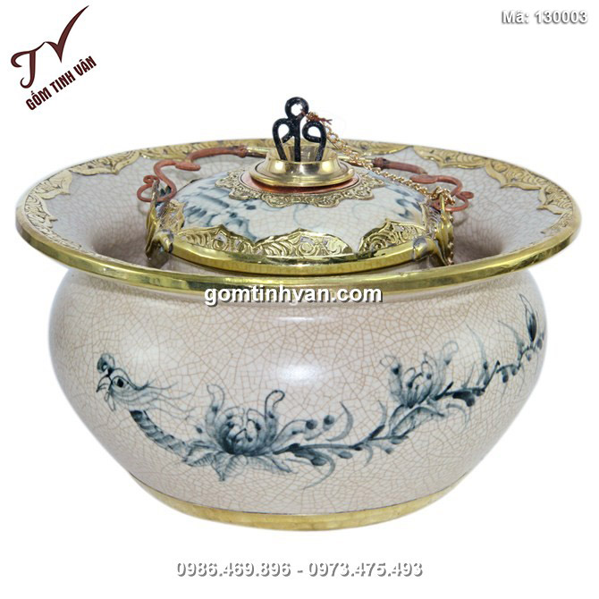 Điếu bát bọc đồng vẽ hoa đào hóa phượng - men rạn cổ - 130003