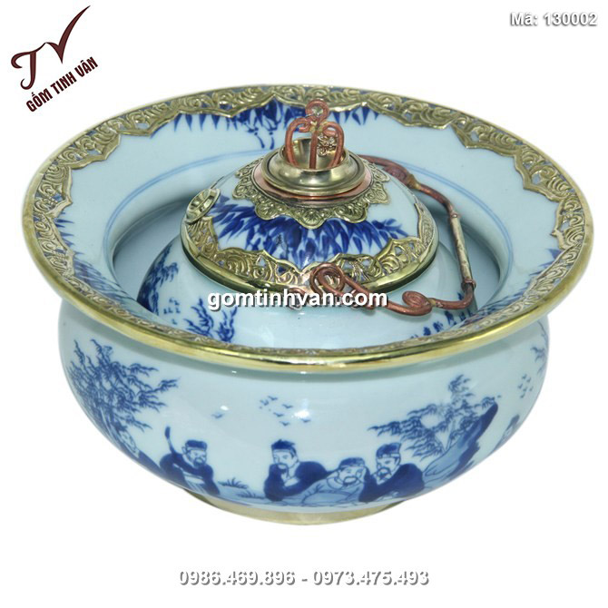 Điếu bát bọc đồng - vẽ trúc lâm thất hiền - men lam cổ - dáng thắt - đường kính 20 cm - 130002