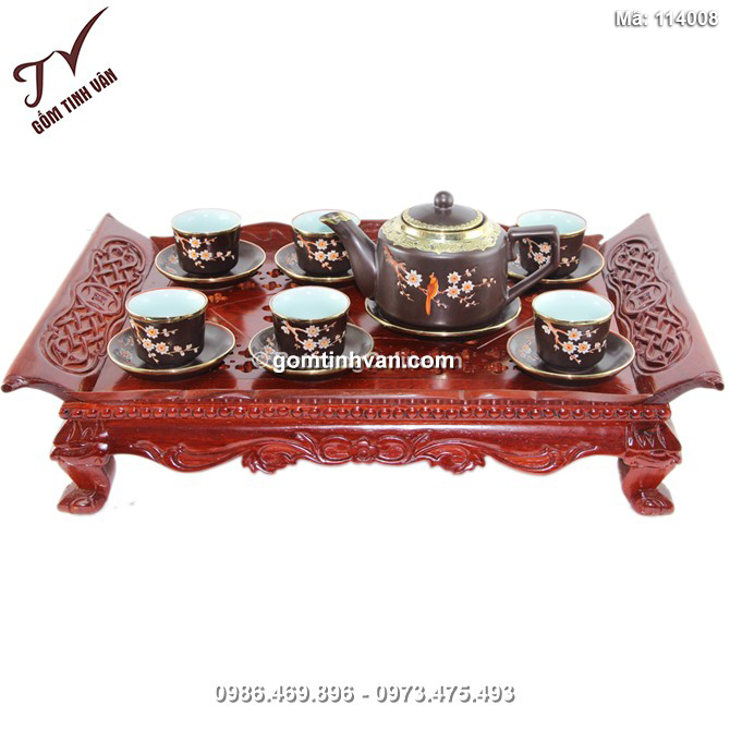 Bộ ấm chén vai vuông khắc hoa mai - bọc đồng và khay gỗ hương cao cấp - 114008