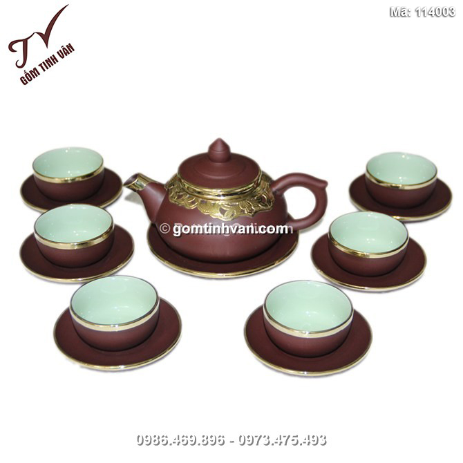 Bộ ấm chén tử sa dáng chóp - men nâu - bọc đồng - không khay - 114003