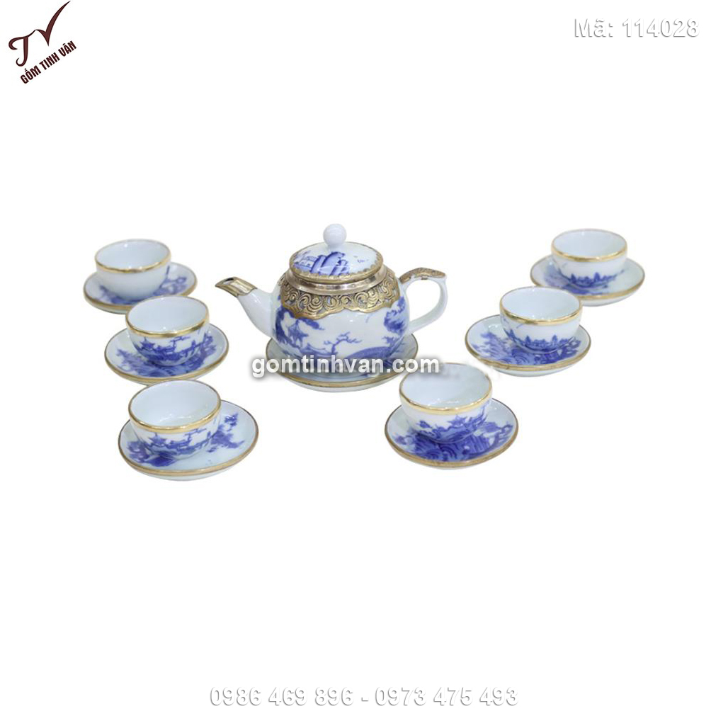 Bộ ấm chén quả hồng bọc đồng - vẽ sơn thủy - 114028