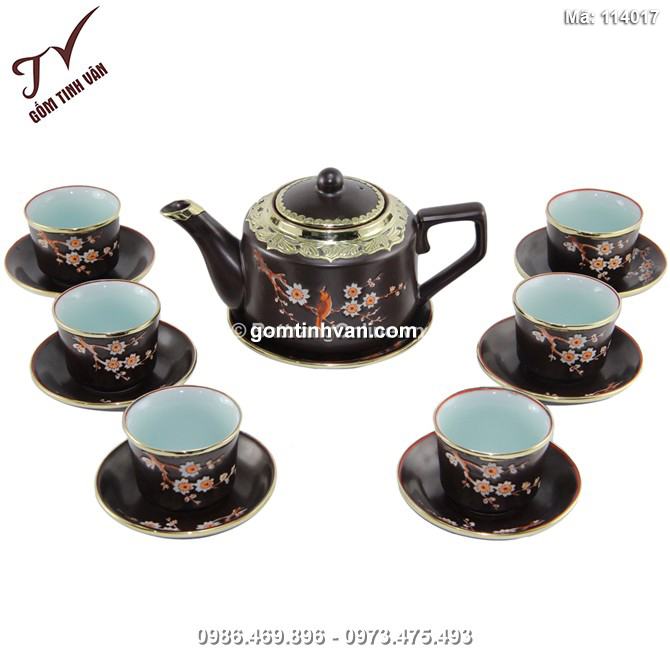 Bộ ấm chén vai vuông khắc hoa mai - bọc đồng cao cấp - 114017