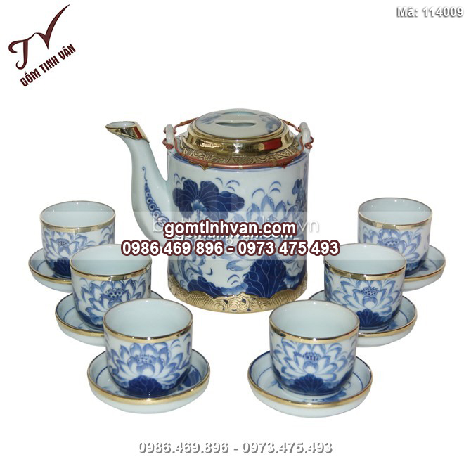 Ấm tích vẽ tay hoa sen - men lam cổ - bọc đồng - 1.5 lít - 114009