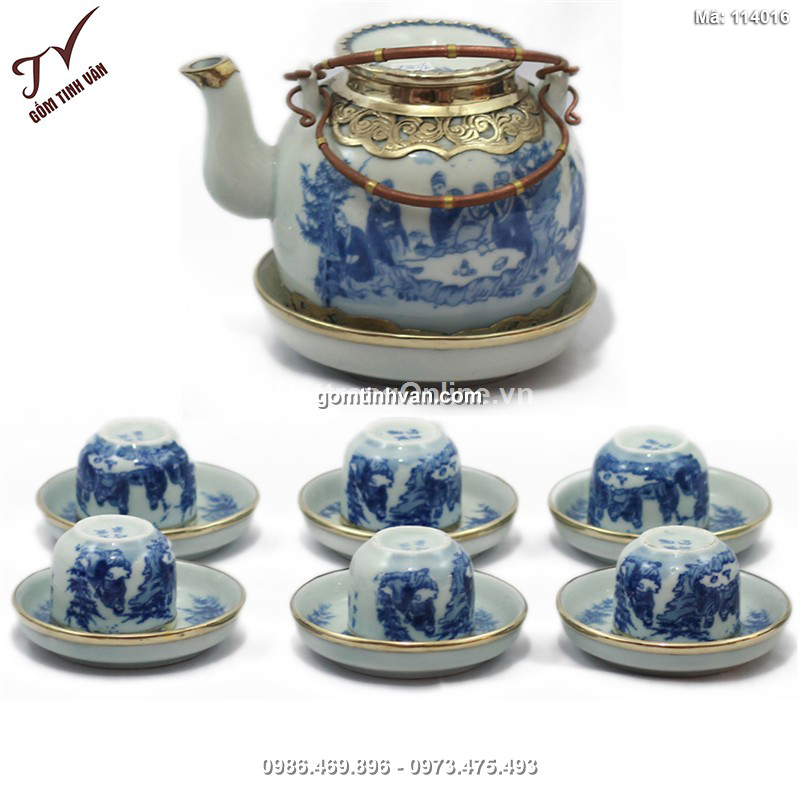 Bộ ấm chén vung lõm bọc đồng - vẽ trúc lâm thất hiền - 114016