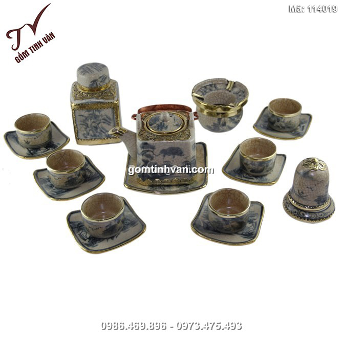 Bộ ấm chén vuông - men rạn cổ bọc đồng- đủ phụ kiện - 114019