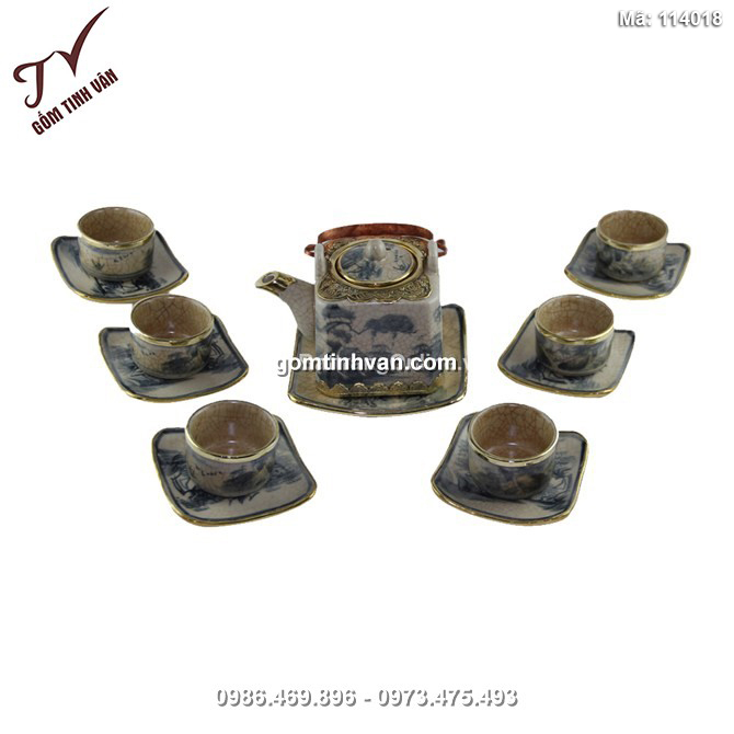 Bộ ấm chén vuông - men rạn cổ bọc đồng - 114018