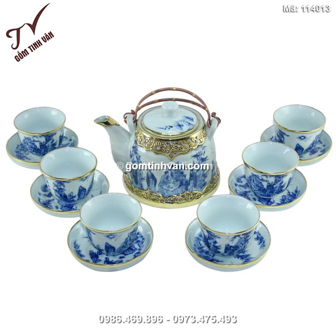Bộ ấm chén vuốt bọc đồng - vẽ trúc lâm thất hiền - 114013