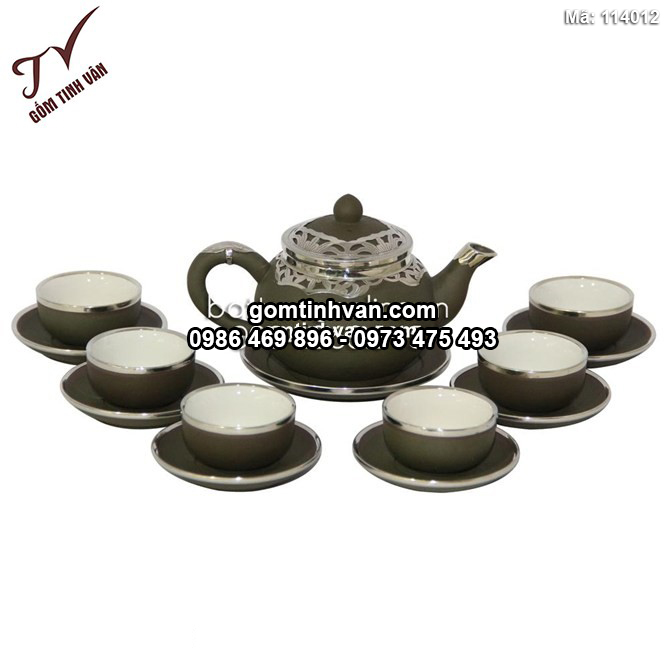 Bộ ấm pha trà dáng chóp - xanh rêu - bọc đồng nghệ nhân - 114012
