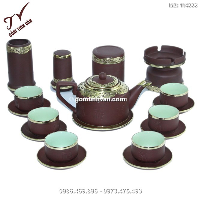 Bộ ấm tử sa phúc lộc thọ - men nâu- vai vuông - lòng xanh - đầy đủ phụ kiện - 114006