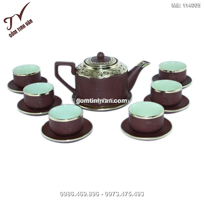 Bộ ấm tử sa phúc lộc thọ - men nâu- vai vuông - lòng xanh - 114005