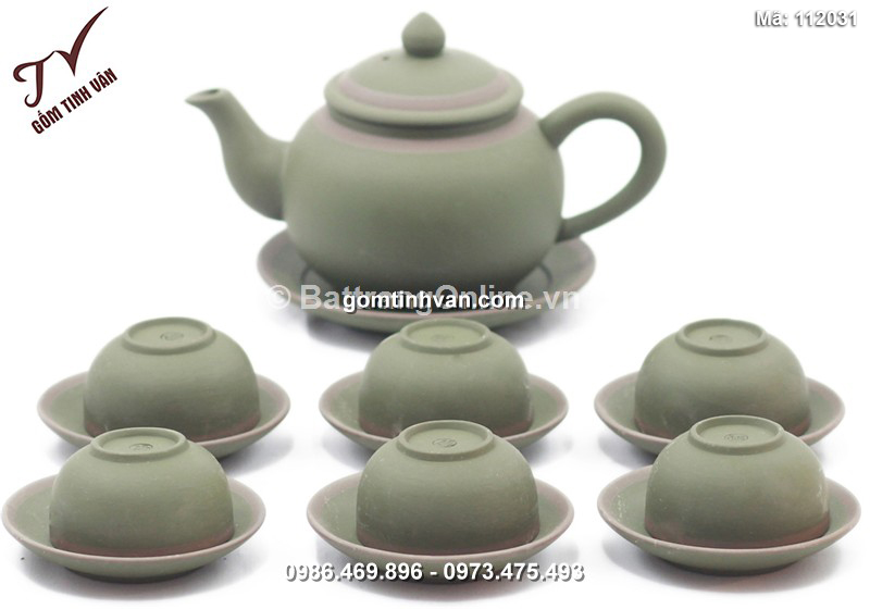 Bộ ấm chén tử sa xanh - chỉ tím - lòng xanh - 112031