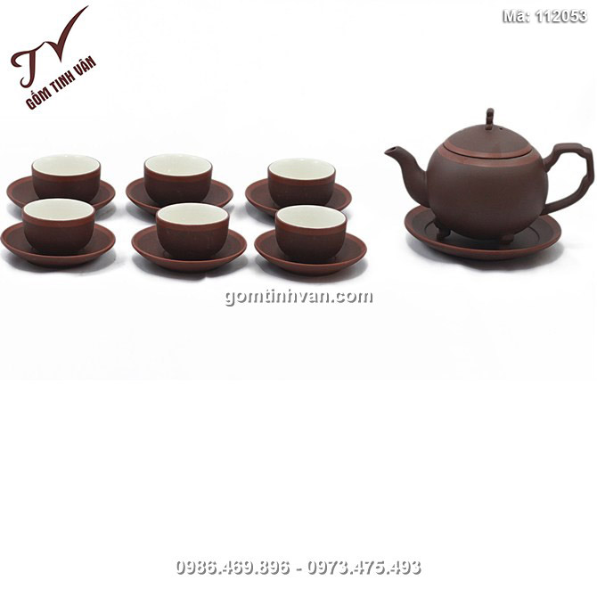 Bộ ấm chén tử sa cây thông - men nâu - chỉ đỏ - 112053