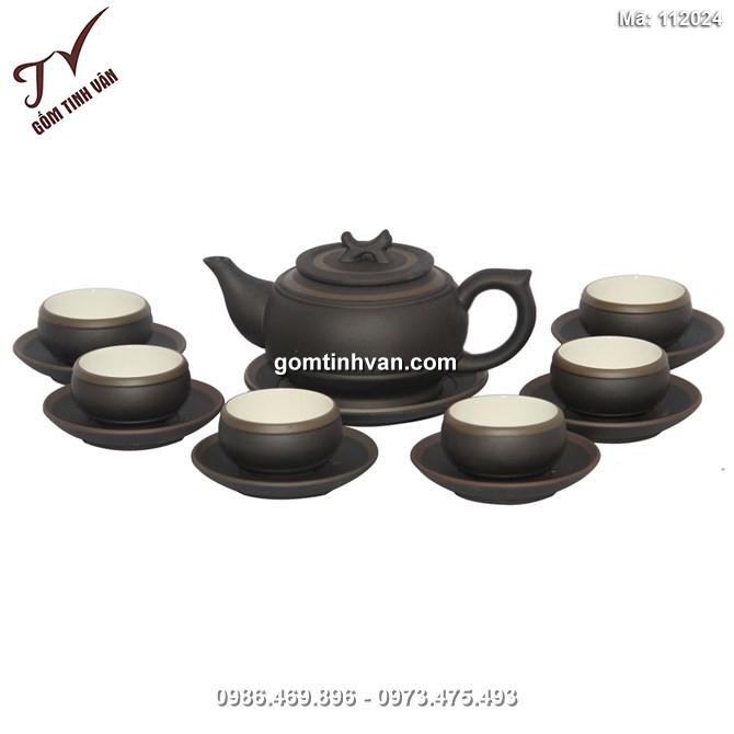 Ấm chén tử sa Bát Tràng - đai đen - chỉ bạc- lòng chén trắng - 112024