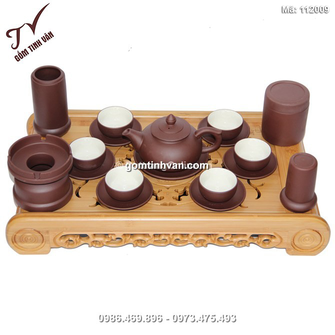 Bộ ấm chén tử sa dáng chóp - men nâu - lòng trắng - đầy đủ phụ kiện và khay - 112009