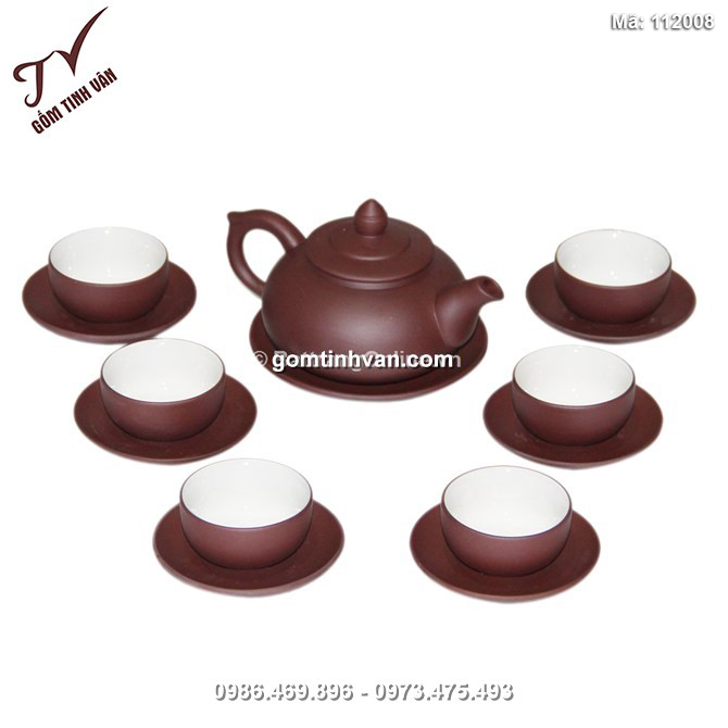 Bộ ấm chén tử sa dáng chóp - men nâu - lòng trắng - 112008