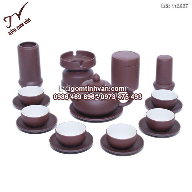 Bộ ấm chén tử sa dáng chóp - men nâu - lòng trắng - đầy đủ phụ kiện - 112057