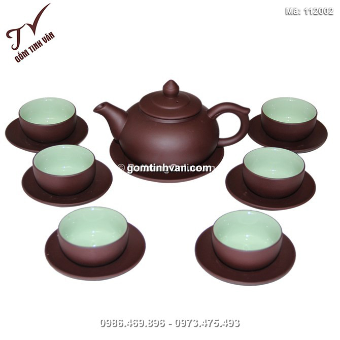 Bộ ấm chén tử sa dáng chóp - men nâu - lòng xanh - 112002
