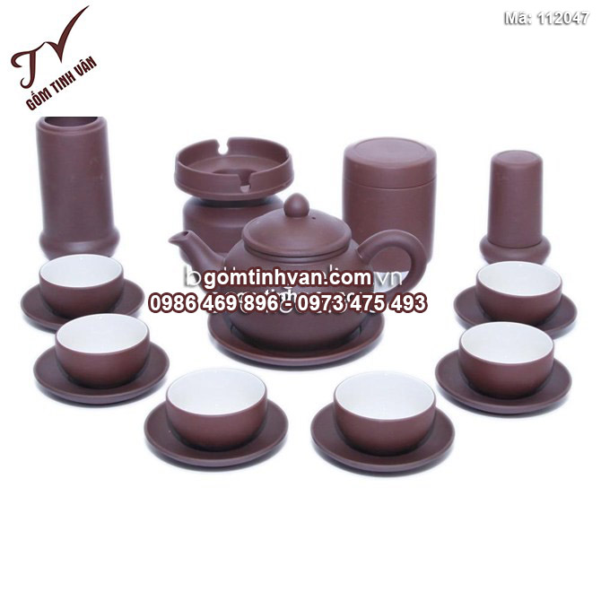 Bộ ấm chén tử sa dáng chuông - men nâu - lòng trắng - đầy đủ phụ kiện - 112047