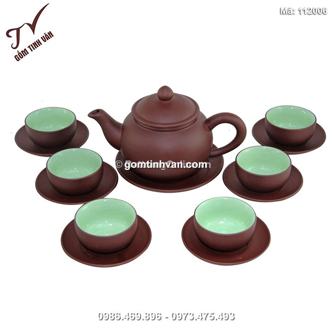 Bộ ấm chén tử sa dáng chuông - men nâu - lòng chén xanh - 112006