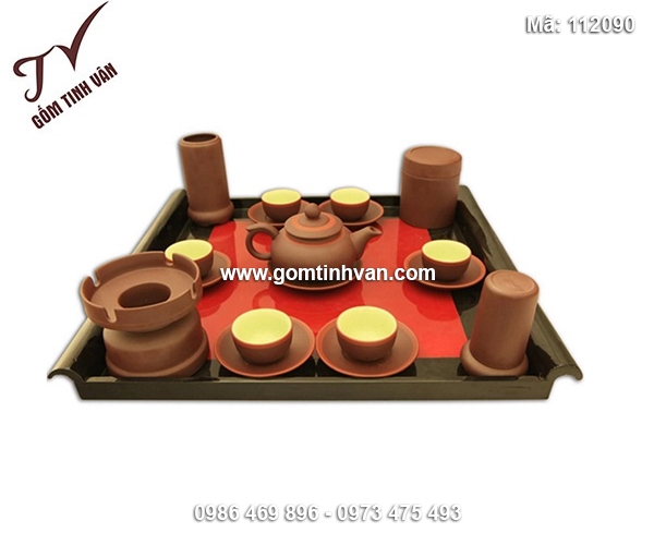 Bộ ấm chén gốm tử sa dáng dẹt chỉ hồng đầy đủ phụ kiện - 112090